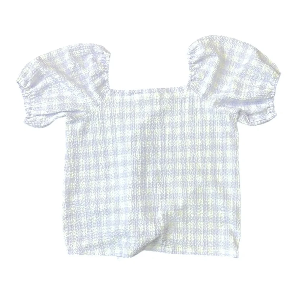 Loft Gingham Square Neck Tie Front Puff Sleeve Lilac White Top XS